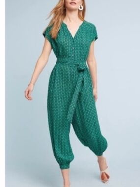 Maeve Emerald Green Printed Cap-Sleeve Jumpsuit with Tie Waist